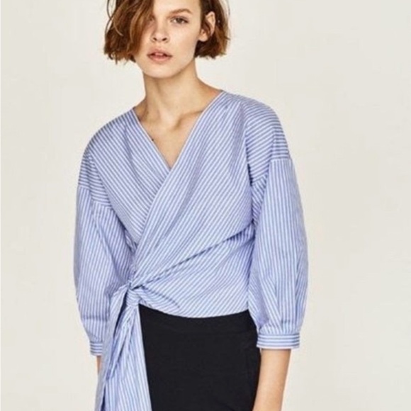 Zara Tops - Zara Striped Blue Wrap around Blouse 3/4 sleeve XS